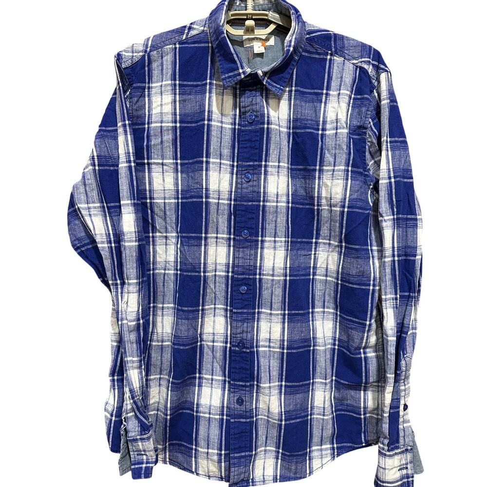 Sun Stone Shirt Men Size M Blue White Plaid Button Up Long Sleeve 100% Cotton